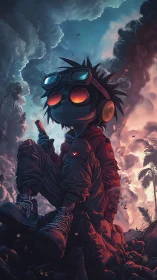 Goggled youth in flight suit seated amid storm clouds.