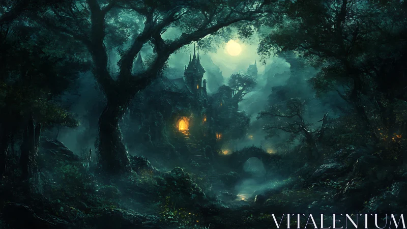 Moonlit forest cottage glowing with quiet, magical warmth.