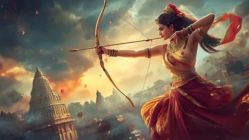 Divine archer goddess ignites the storm-lit temple skyline.