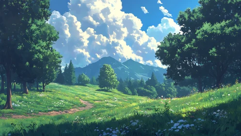 Sunlit meadow path leading toward distant blue mountains.