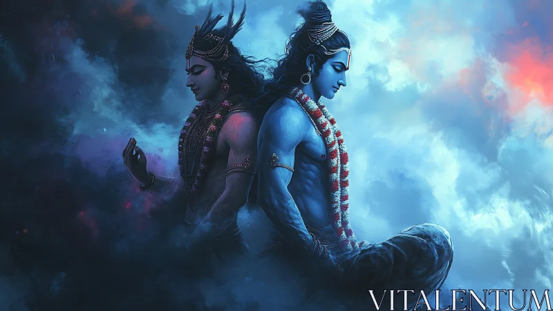 Twin blue deities sit back to back within contrasting clouds