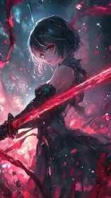 Crimson twilight wraps the lone swordswoman in burning glass