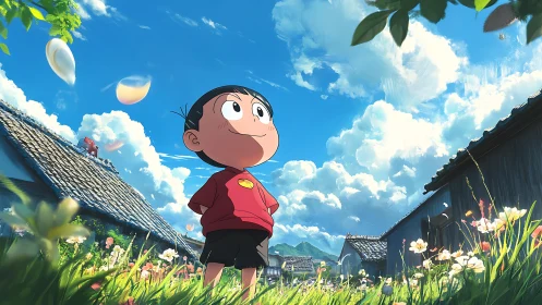 Anime village vista with child hero in low-angle composition.