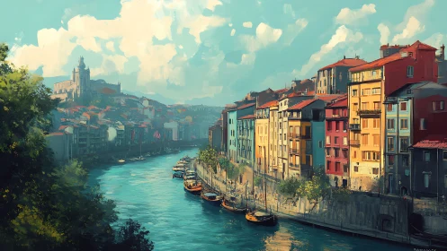 Sunlit riverside city glows with colorful stacked houses.