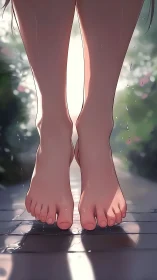Soft bare feet hover above sunlit wet garden pathway