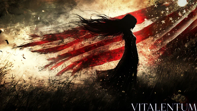 Storm-swept silhouette walking beneath a torn burning flag.