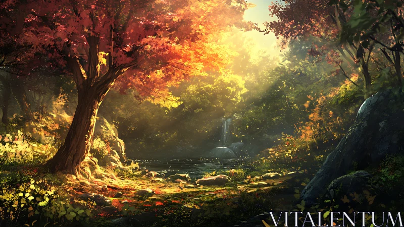 Golden Forest Sanctuary: Ancient Tree and Cascading Waterfall.