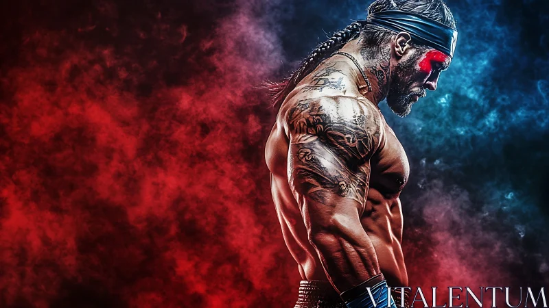 Muscular warrior in profile against red and blue smoke.