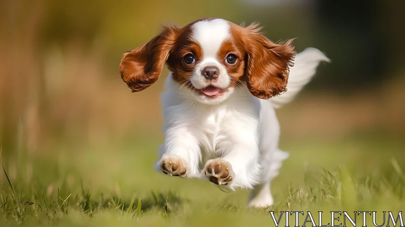 Playful spaniel puppy sprints across sunlit green field.