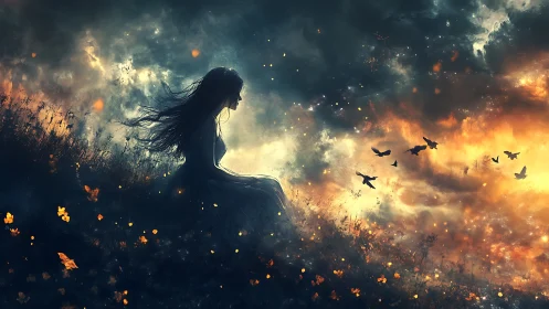 Silhouetted girl observes fiery sky and distant flying birds