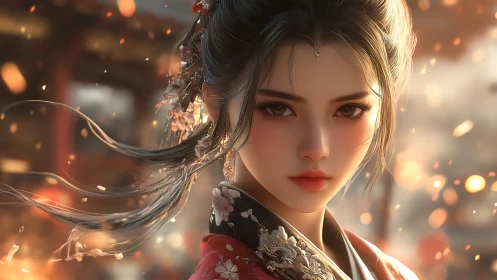 Cinematic digital portrait of elegant woman in hanfu, bokeh embers