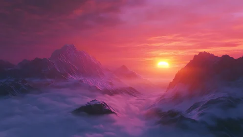 Dreamy sunrise drifting over misty violet mountains.