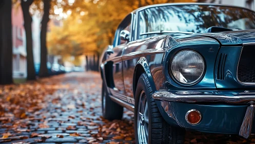Classic blue muscle car parked on leafy autumn street.