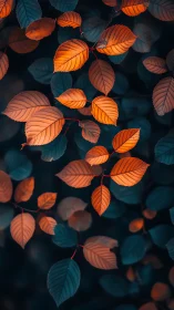 Orange and teal backlit leaves form dense overlapping pattern