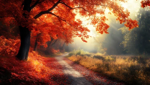 Autumnal Forest Path Through Backlit Crimson Canopy