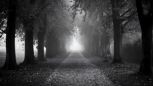 Misty tree-lined avenue receding into a glowing distance.