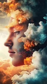 Surreal male profile merging with vivid storm clouds.