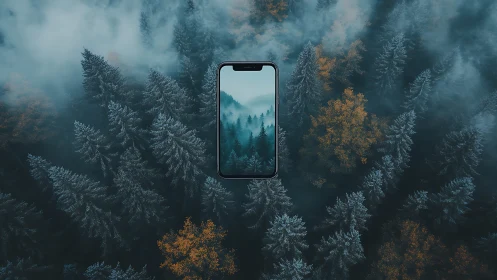 Smartphone Displaying Forested Mountain Landscape in Aerial Composition.