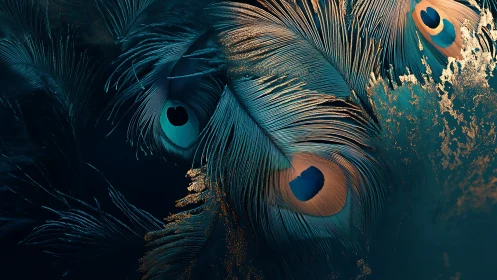 Macro study of peacock feathers with teal light metallic dust