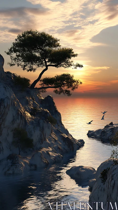 Coastal cliff trees overlook calm sea at sunset