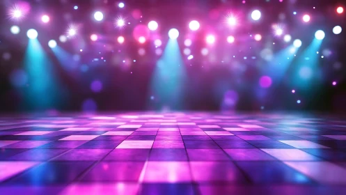 Empty tiled dance floor under multicolored stage lighting.