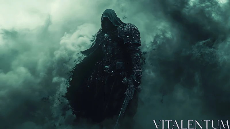 Hooded armored figure stands in dense swirling green fog