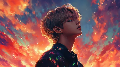 Radiant sunset sky crowns a thoughtful young dreamer