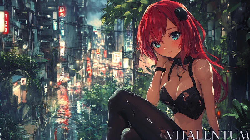 Rain-drenched neon cityscape with contemplative cyber-anime girl.