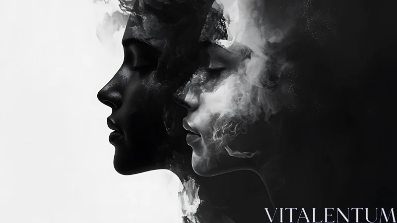Monochrome dual profile portrait in dissolving smoke abstraction.