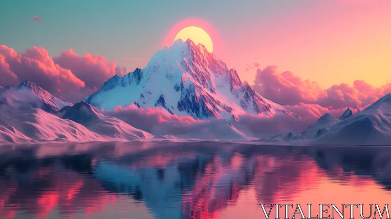 Snow-covered peak with sun and reflective water surface.