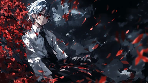 Anime boy with red eyes sits in dark foliage and falling leaves
