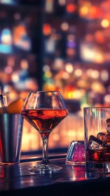 Elegant cocktail gleams against luminous night cityscape bokeh.