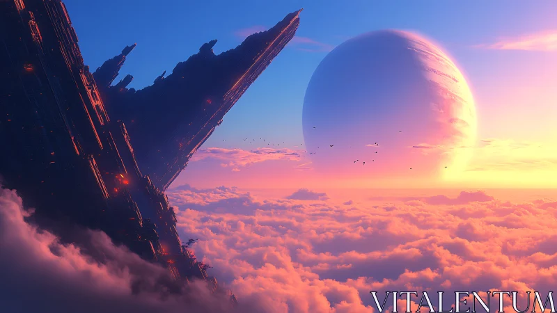 Distant gas giant over stratified clouds and dark structure.