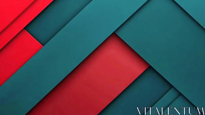 Diagonal teal and red layers create bold geometric harmony