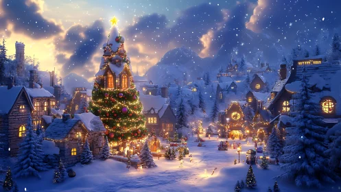 Snow-covered village square centers towering illuminated Christmas tree