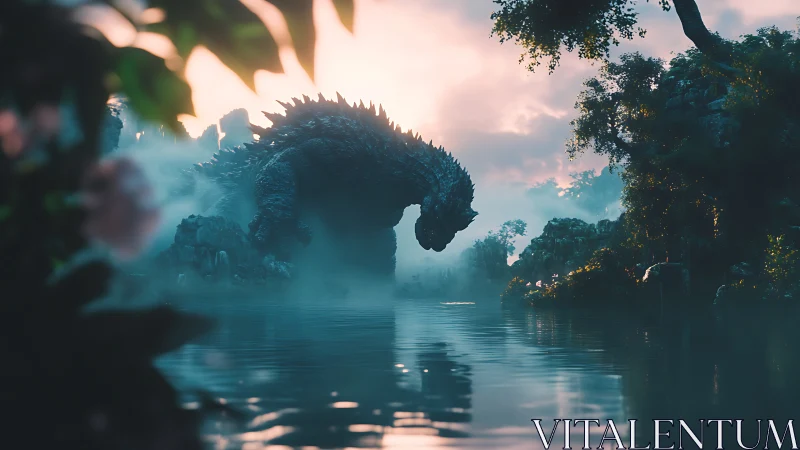 Colossal reptilian titan at dawnlit misty jungle lagoon.