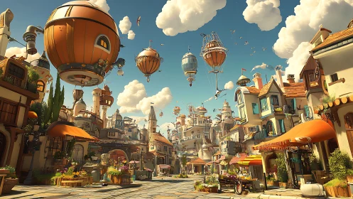 Skyward market lane under whimsical airship balloons.