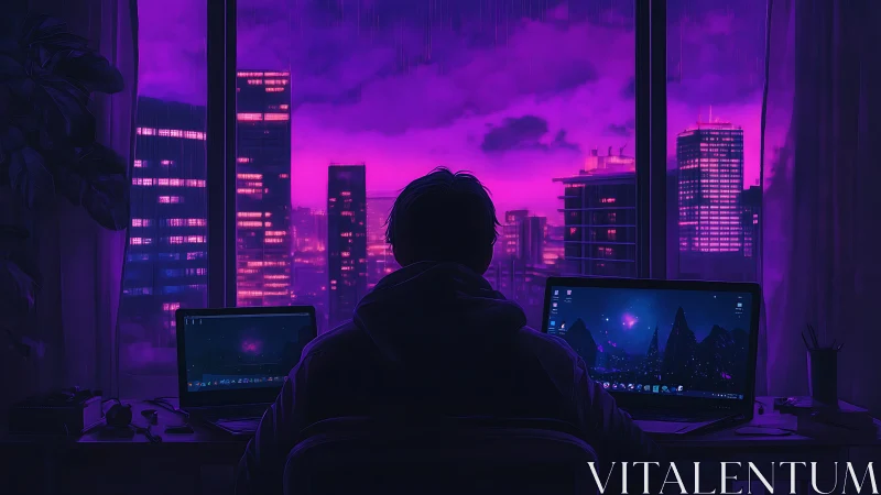 Neon night coder gazes over violet-soaked cyber skyline.