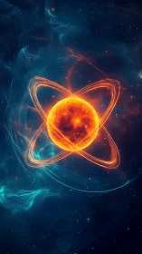 Stellar core encircled by luminous atomic orbits in space.