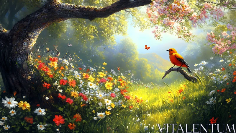 Vibrant Songbird on Branch in Lush Spring Meadow, Digital Art.