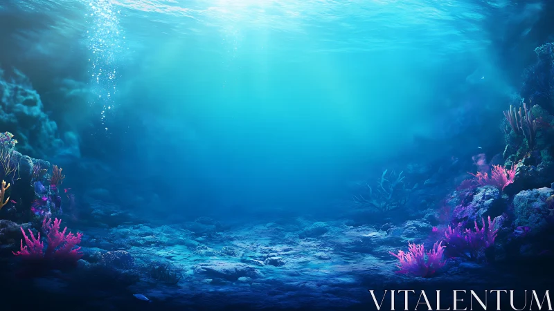 Submerged seafloor scene shows illuminated coral margins