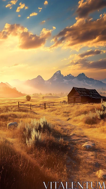 Rural timber structure in open field under sunset sky.