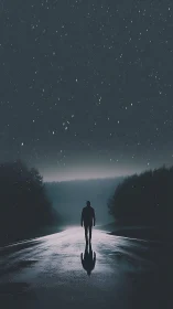 Lone figure on wet night road under falling rain.