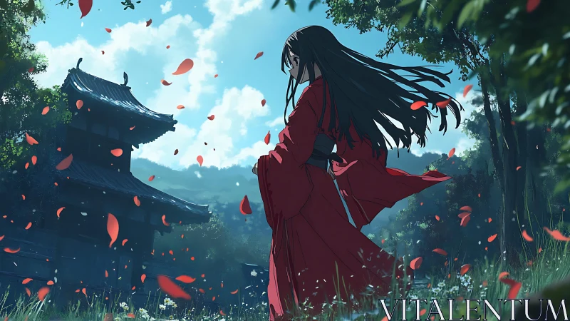 Female figure in red kimono stands near traditional gate