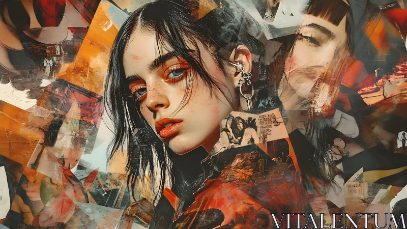 Layered digital portrait of young woman in collage environment.