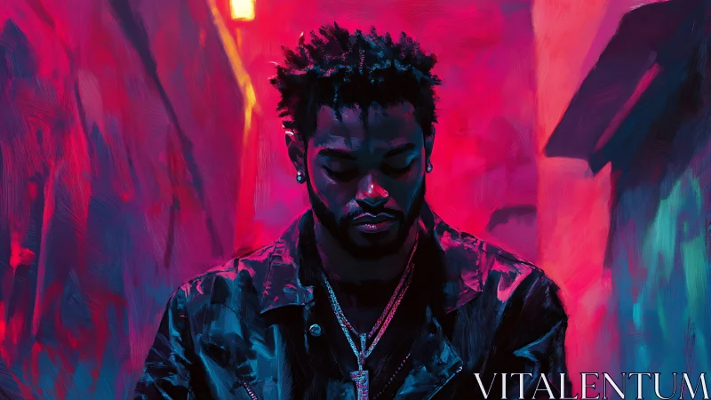 Man in neon alley with lowered gaze, digital portrait.