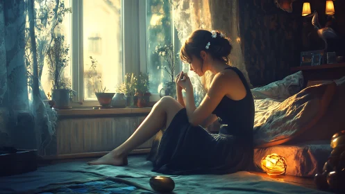 Young woman savors quiet sunrise in a softly lit bedroom