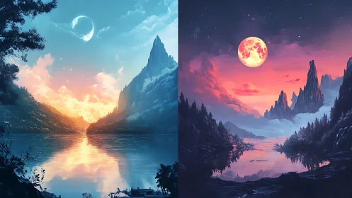 Twin fantasy lakes glow under moonlit and sunlit skies