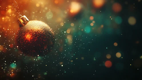 Macro bokeh close-up of glittered red Christmas bauble ornament