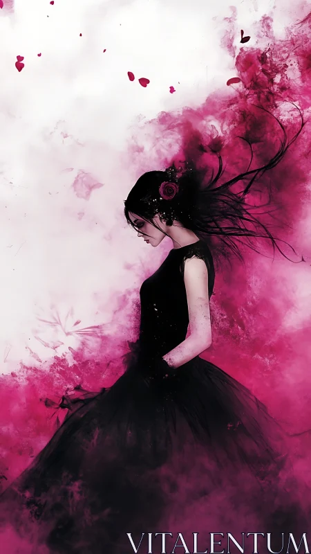 Solitary woman in black gown dissolves into magenta smoke